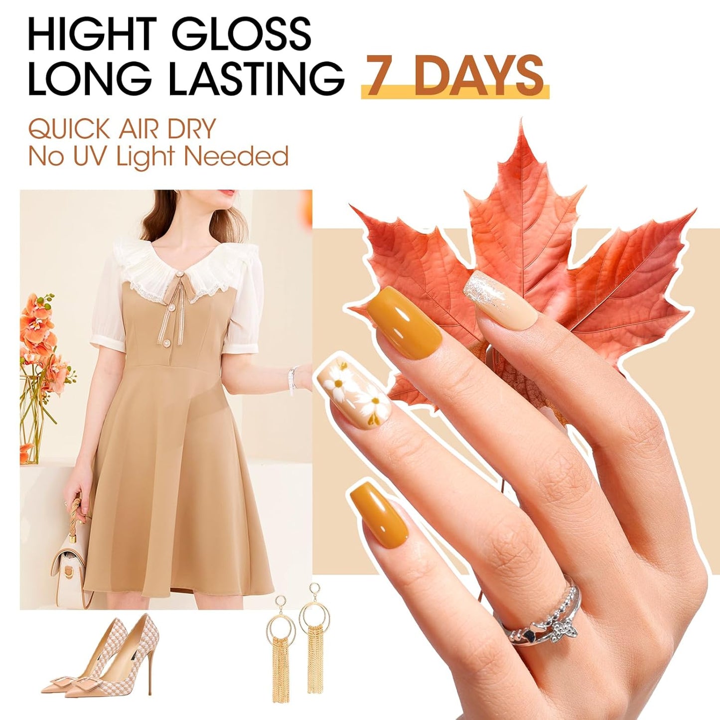 Gellen Maple Brown Nail Polish, Halloween Fall Winter Leaf Regular Nail Polish Air Dry 6-Color Set for Finger Toe Nails Home Salon Manicure Women Girl Gifts, Not UV Gel, Hema Free, Non Toxic, TPO Free