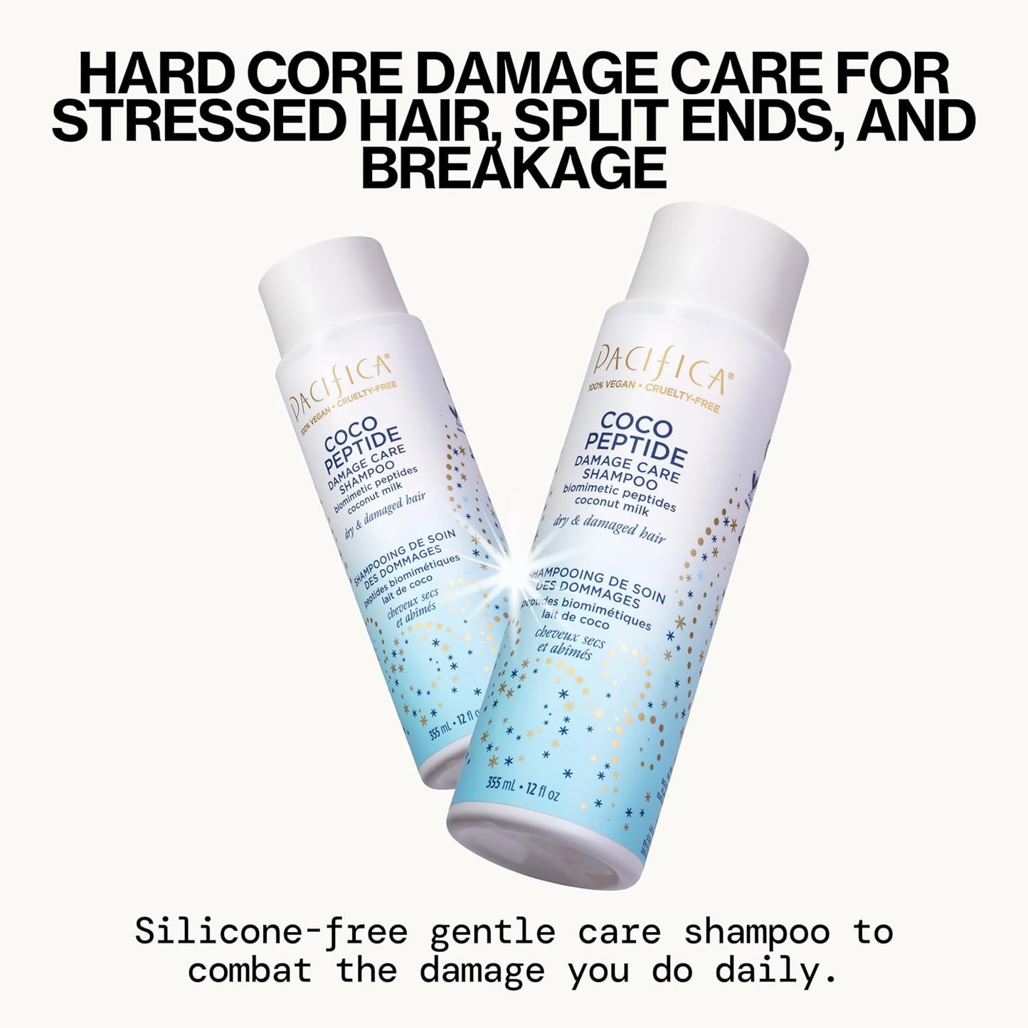 Pacifica Coco Peptide Damage Care Shampoo & Conditioner Set – Repairing Hair Care for Dry Damaged Hair Vegan Collagen & Peptides for Split Ends & Breakage Sulfate Free Clean Vegan Dermatologist Tested