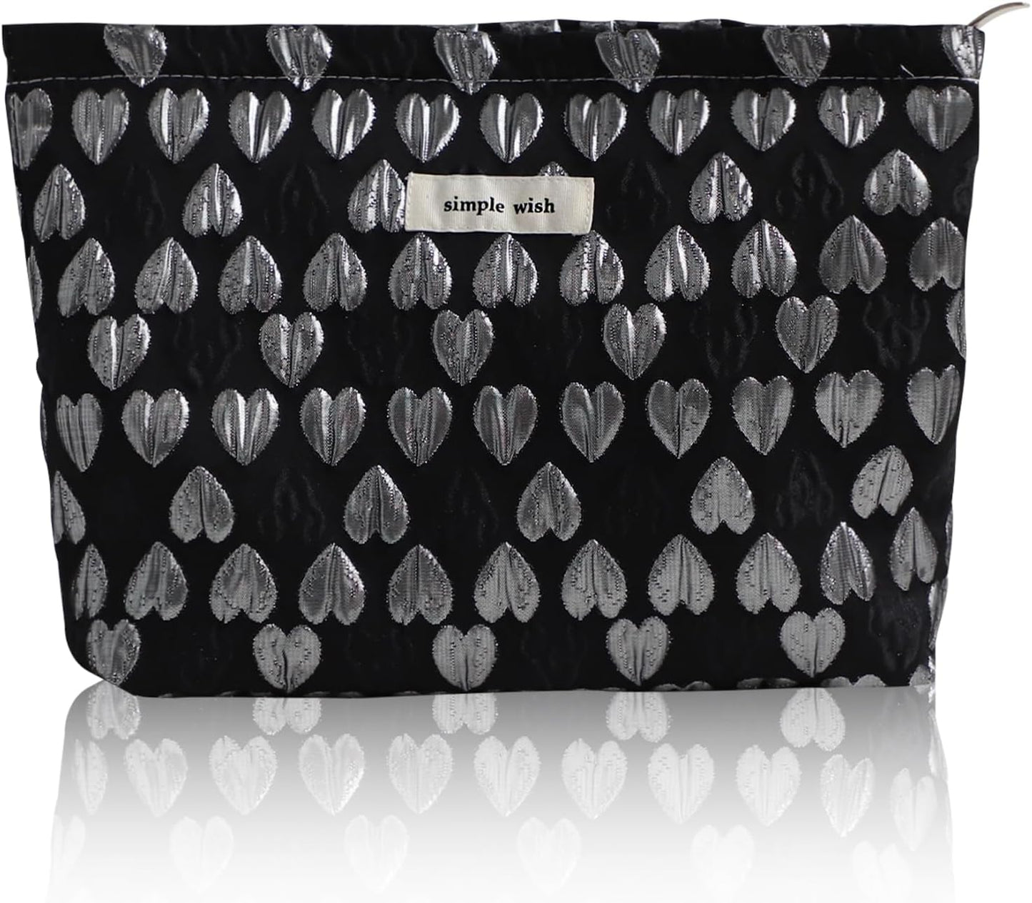 Wudygirl Cute Makeup Bag Cosmetic Bag Travel Cosmetic Pouch for Women Aesthetic Canvas Make up Organizer with Zipper Large Capacity Handbag Pencil Pouch (Black Heart)