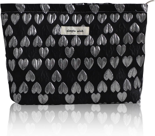 Wudygirl Cute Makeup Bag Cosmetic Bag Travel Cosmetic Pouch for Women Aesthetic Canvas Make up Organizer with Zipper Large Capacity Handbag Pencil Pouch (Black Heart)