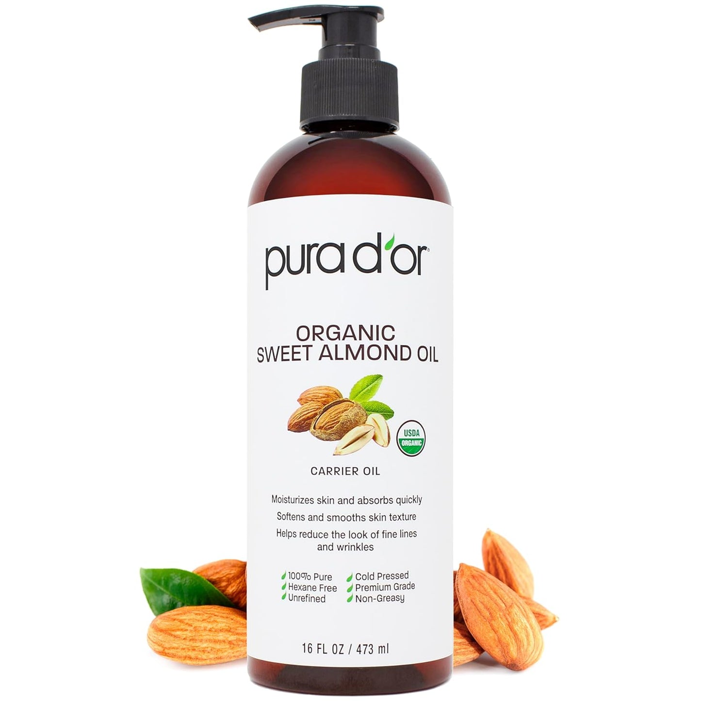 PURA D'OR 16 Oz ORGANIC Sweet Almond Oil - 100% Pure & Natural USDA Certified Cold Pressed Carrier Oil For DIY Beauty - Non-Greasy, Unscented, Hexane Free Moisturizer - Massage Oil For Hair & Skin