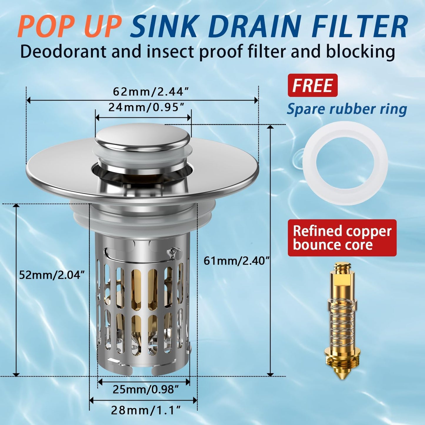 Bathroom Sink Drain Strainer, Pop Up Sink Drain Filter with Removable Stainless Steel Filter Basket Hair Catcher, Sink Drain Strainer, for Us Bathroom Sink Stopper Replacement
