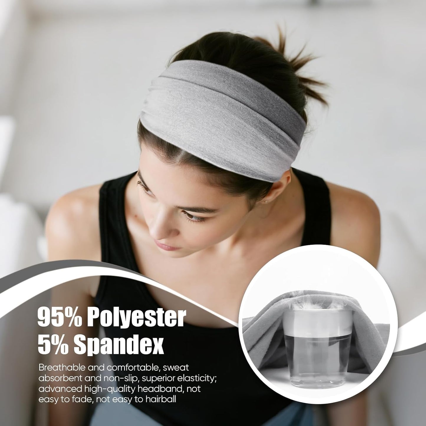 Headbands for Women, Non Silp Wide Hair Bands, Elastic Thick Head Bands, Stretchy Soft Sports Sweat Bands for Spa Workout Running Gym, Cotton Cloth Hair Accessories 6Pcs, Two Black/White/Gray