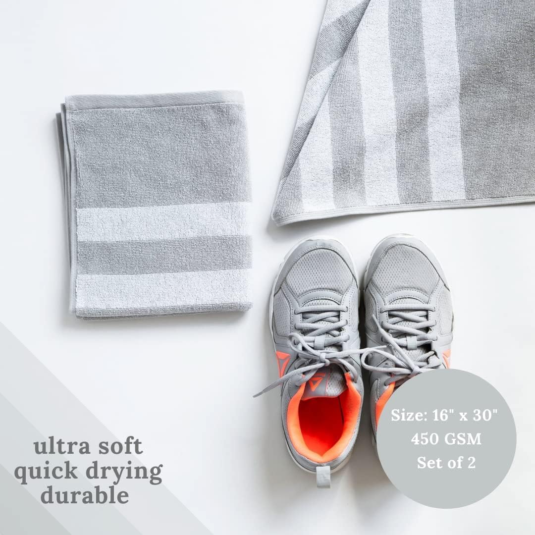 Luzia Striped Workout Towel for Sweat (Pack of 4) - Premium Quality 100% Turkish Cotton - Lightweight and Super Absorbent for Exercise, Sports, Workout, Fitness, Gym, Yoga, Running (Gray)