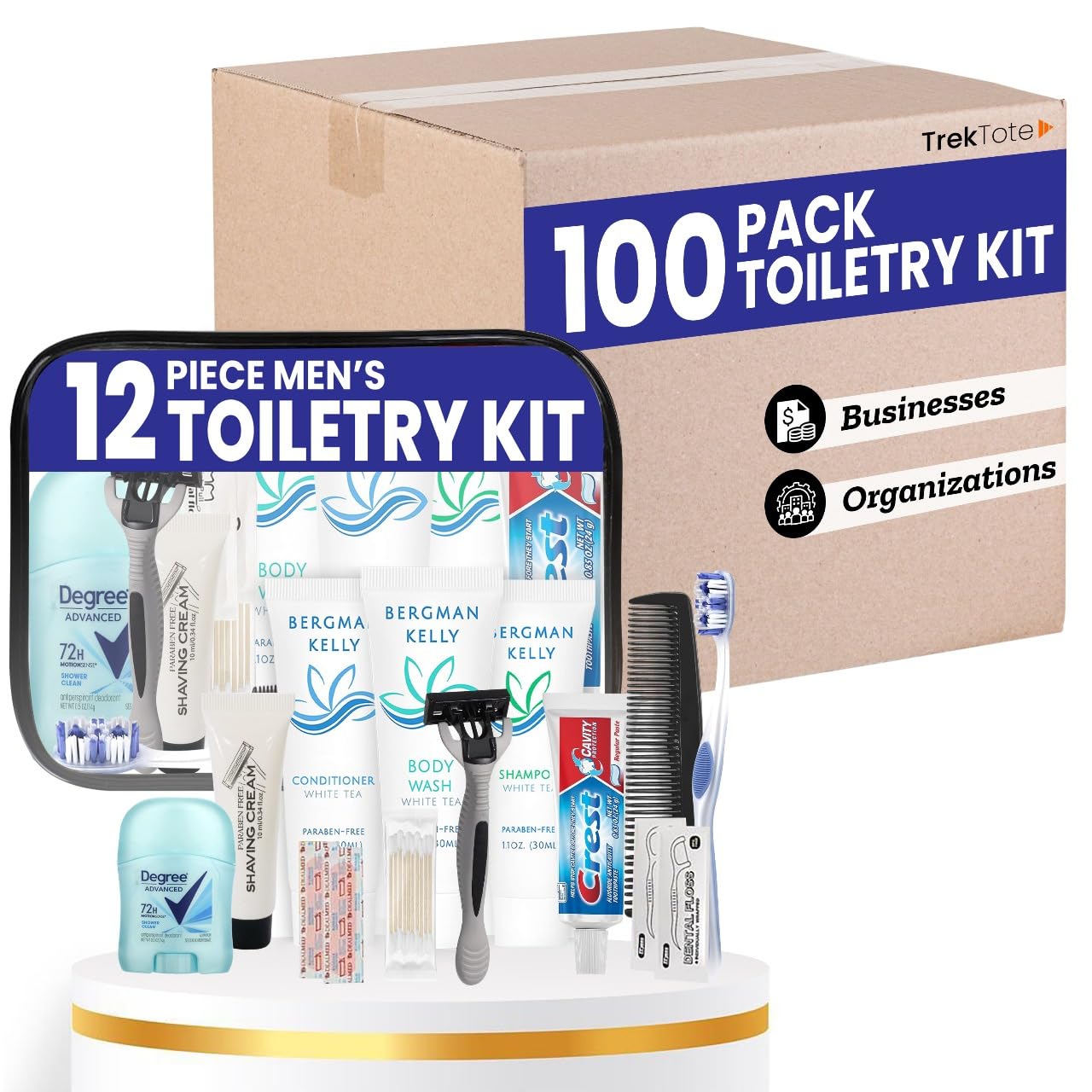 Trektote Bulk Hygiene Kit For Men – (100 Pack) 12 Piece Set Of Travel Size Toiletries, TSA Compliant, Bulk Travel Essentials, Includes Shampoo And Conditioner, Body Wash, Toiletry Bag & More