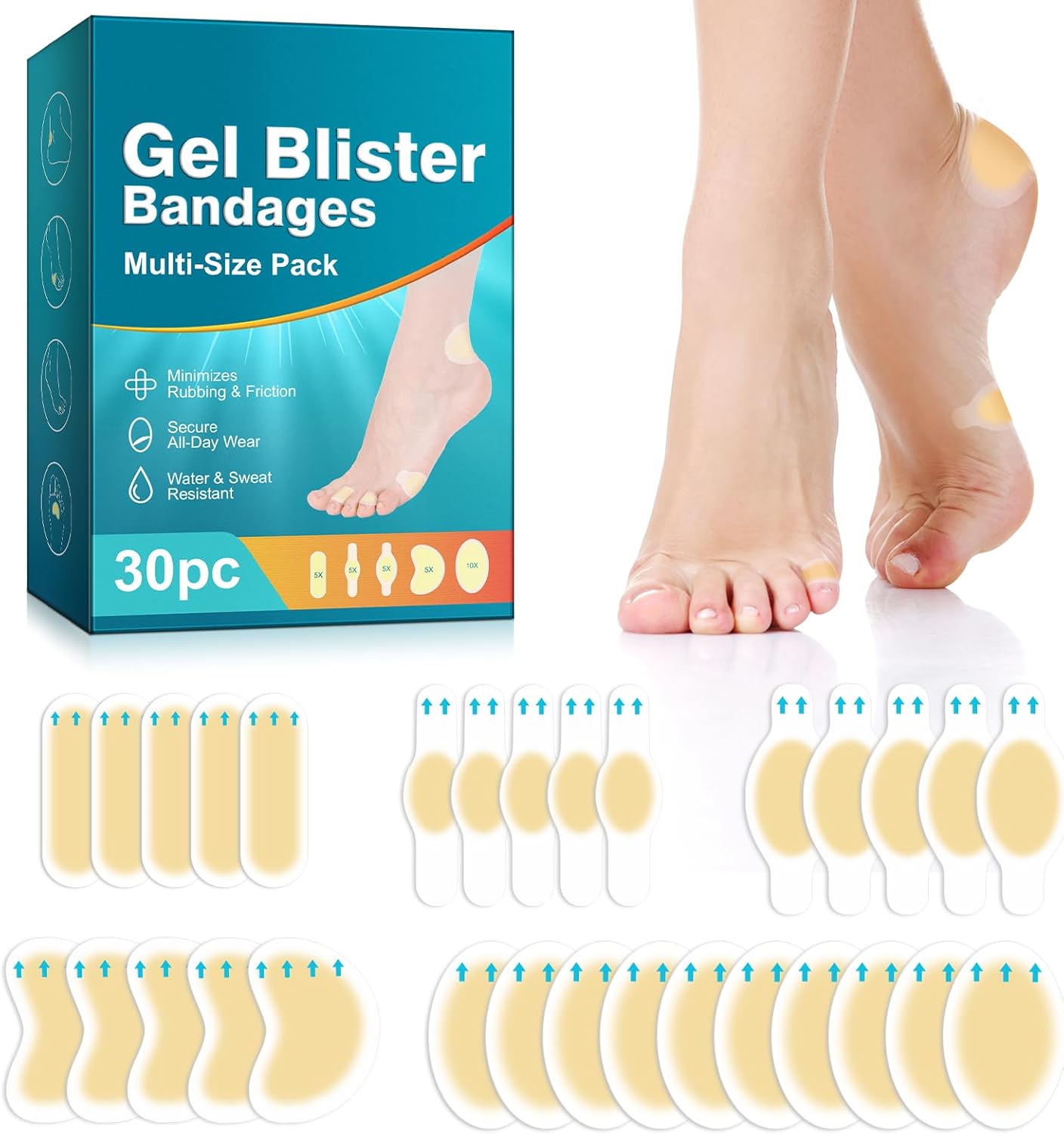 Hydrocolloid Gel Blister Bandages -30ct Waterproof Adhesive Blisters Bandages - Blister Pads for Heel, Foot, Toe, Feet - Gel Blister Chshions for Prevention & Recovery, Variety Pack