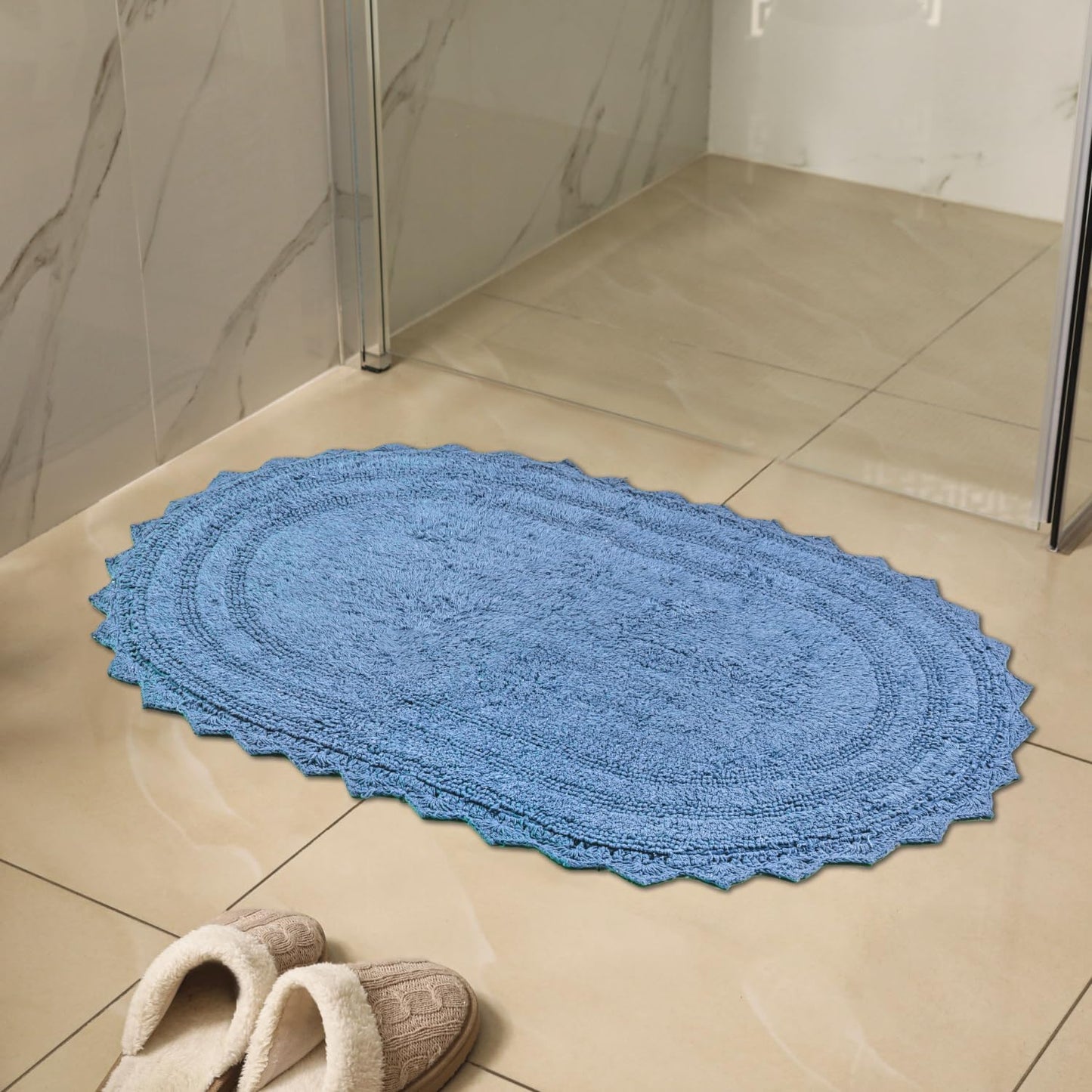 RAJRANG Bathroom Rug for Kitchen and Spa with Crochet Pattern Cotton Absorbent Soft Reversible Woven Bath Mat Parisian Blue Oval 34x21 Inches