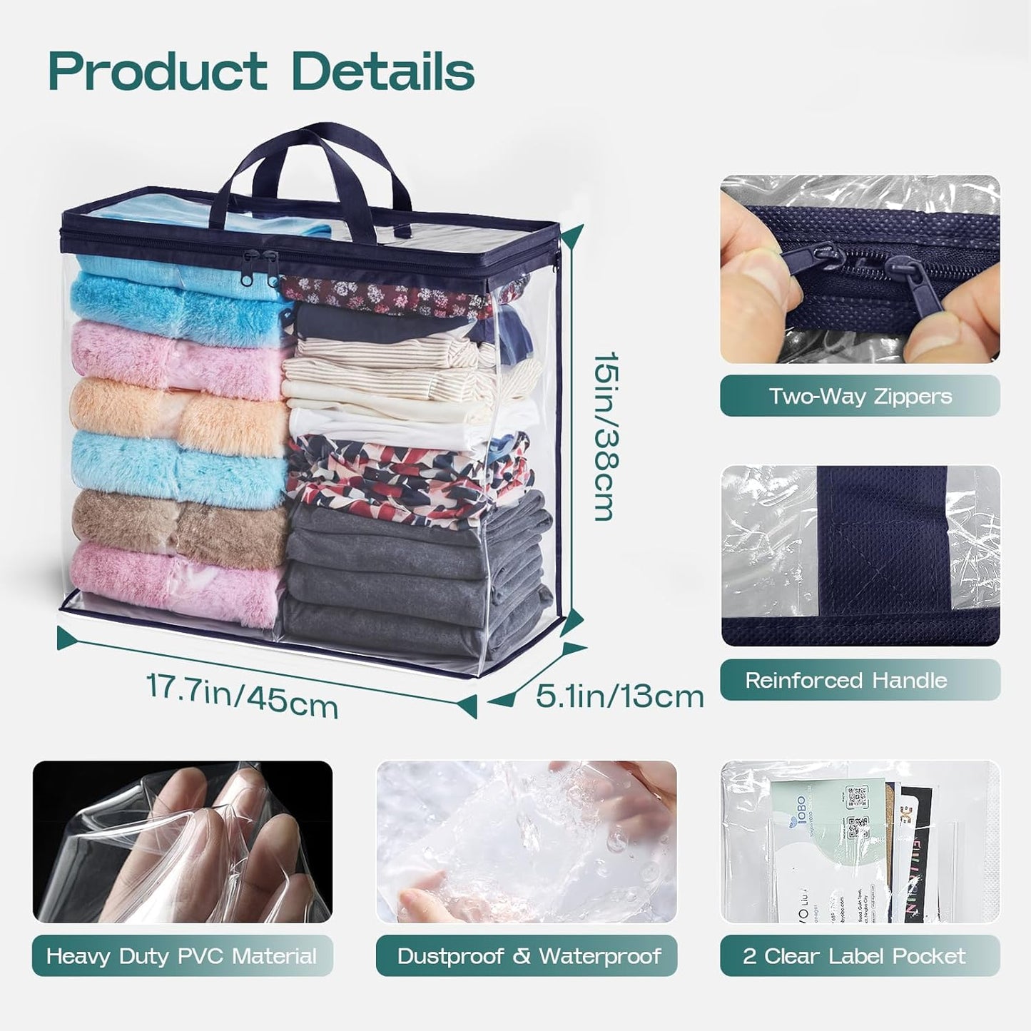 10 Pack Clear Storage Bags for Clothes, 22L Blanket Storage Bags, Under Bed Storage, Closet Organizers Bag, Upgraded Version Two-Way Zippers Design(Navy Blue)