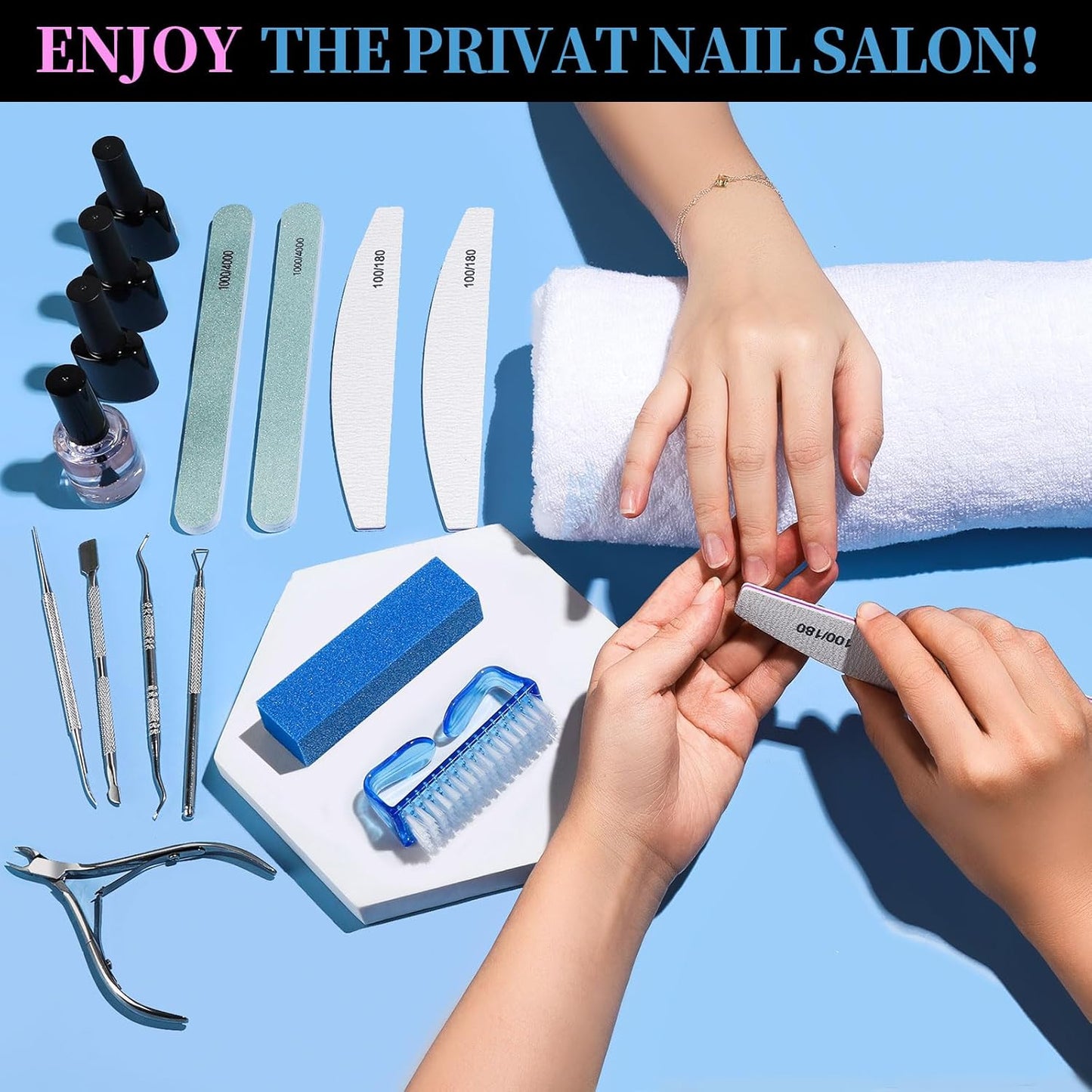 FANDAMEI Manicure Set, Nail Tools, Files 100/180, Buffer Block, Cuticle Nippers, Pusher, Peeler, Lifter for Ingrown Toenails, Toenail File, Care Kit, Blue