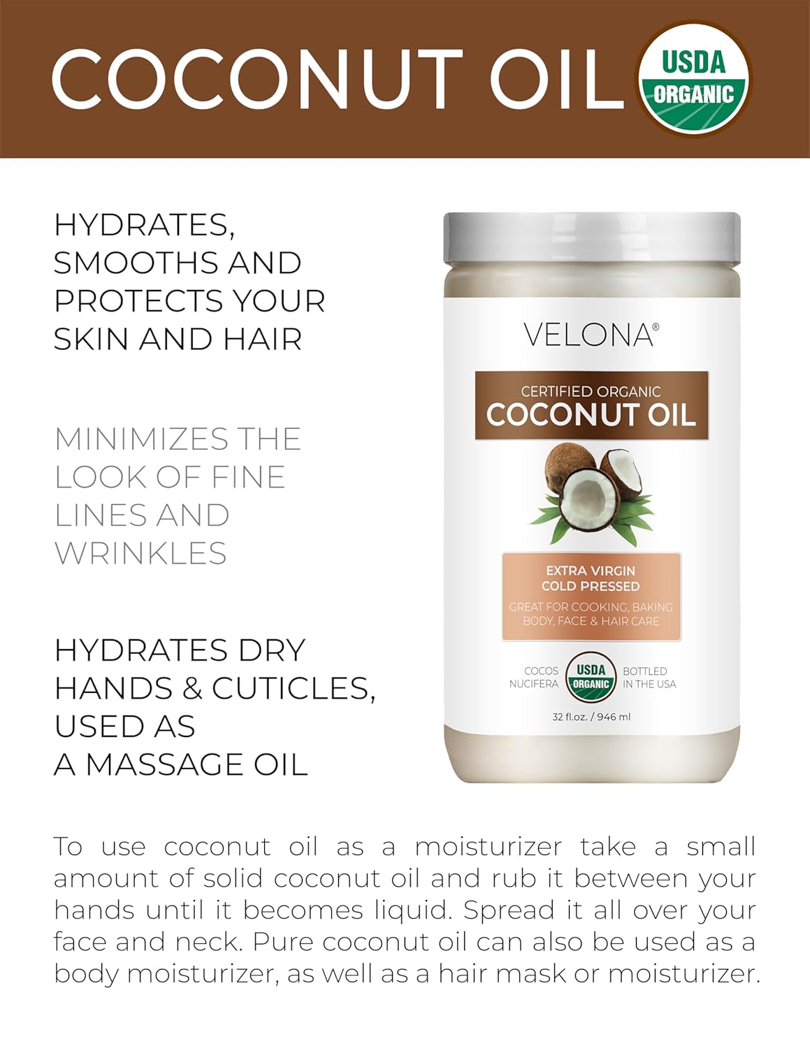 Velona USDA Certified Organic Coconut Oil Extra Virgin - 64 fl oz | Food and Cosmetic Grade | in jar | Extra Virgin, Cold Pressed