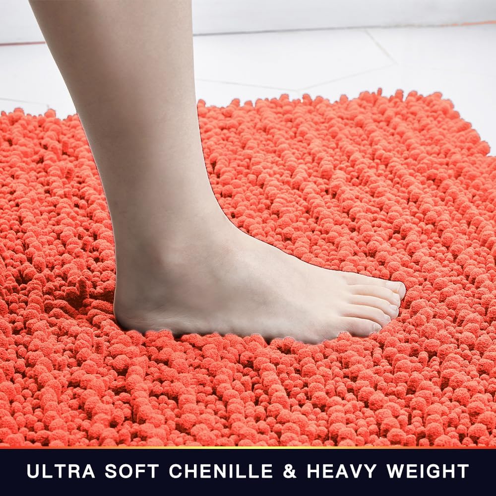 Walensee Bathroom Rug Non Slip Bath Mat (24x17 Inch Coral) Water Absorbent Super Soft Shaggy Chenille Machine Washable Dry Extra Thick Perfect Absorbant Best Small Plush Carpet for Shower Floor