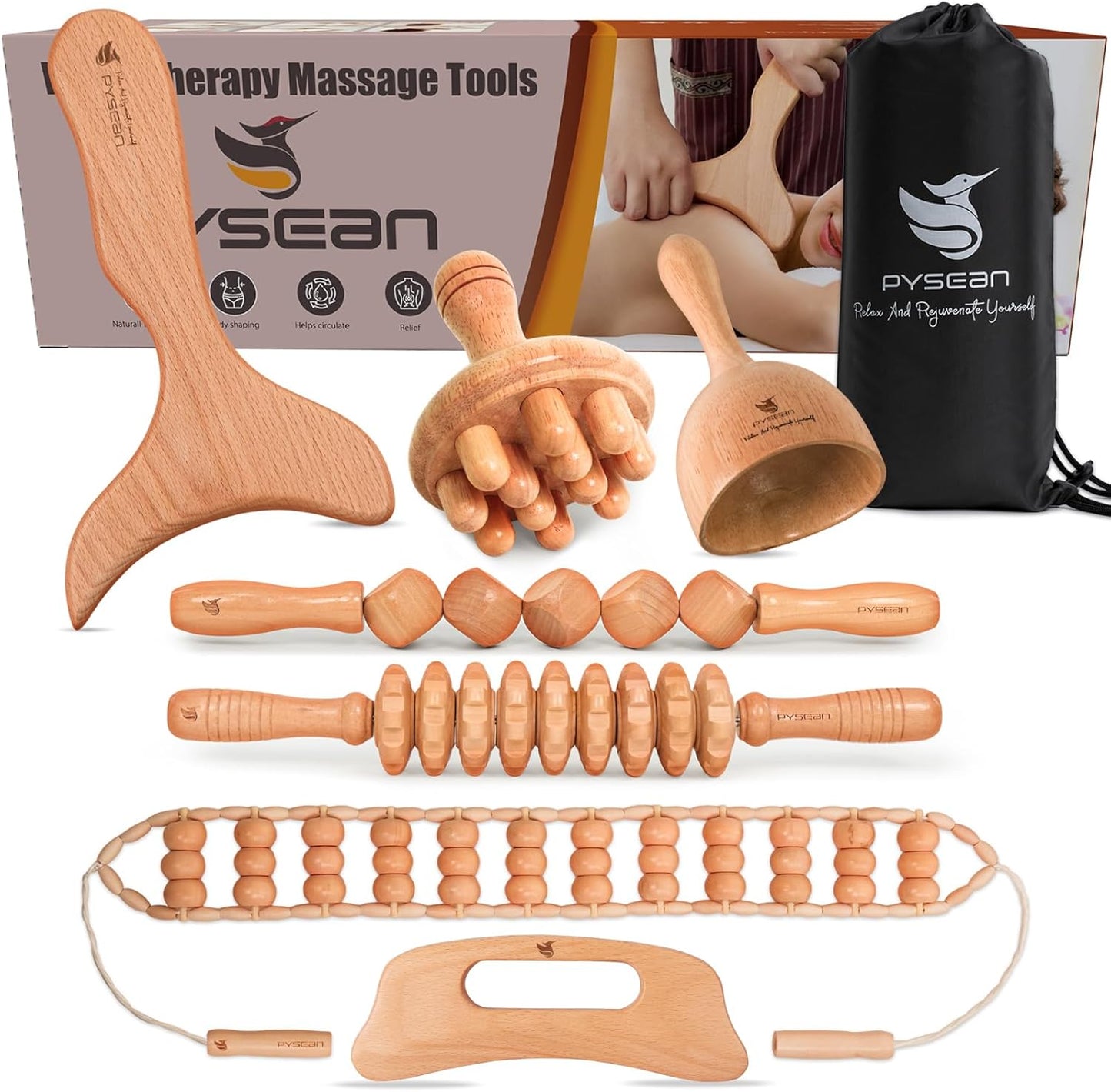 7-in-1 Wood Therapy Massage Kit, Perform Lymphatic Drainage, Relax Your Muscles, Relief Pain for Muscle, Anti-Cellulite