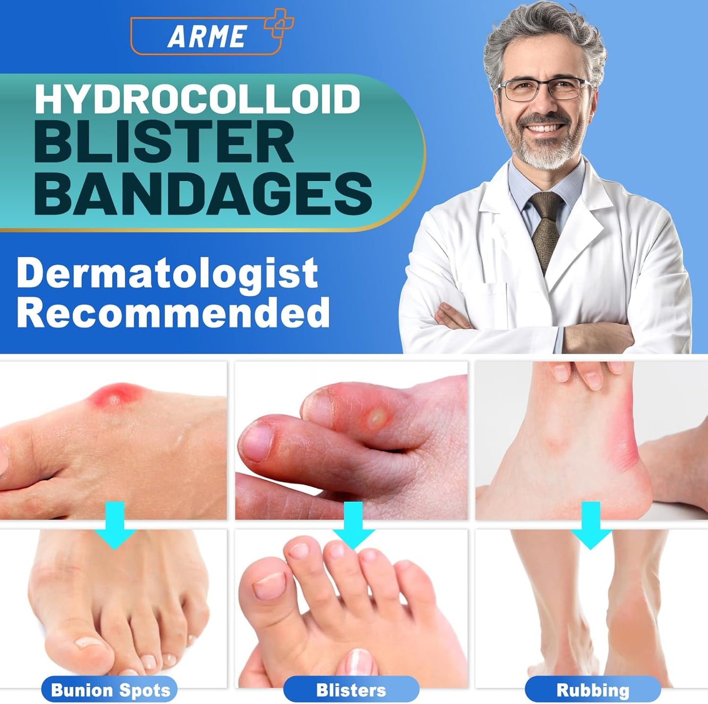 Arme Hydrocolloid Bandages, 50Pcs Gel Blister Bandages for Feet, Waterproof Blister Pads Blister Cushions for Prevention & Recovery, Blister Bandaids for Heel Foot Toe Protection(4 Shape Variety Pack)