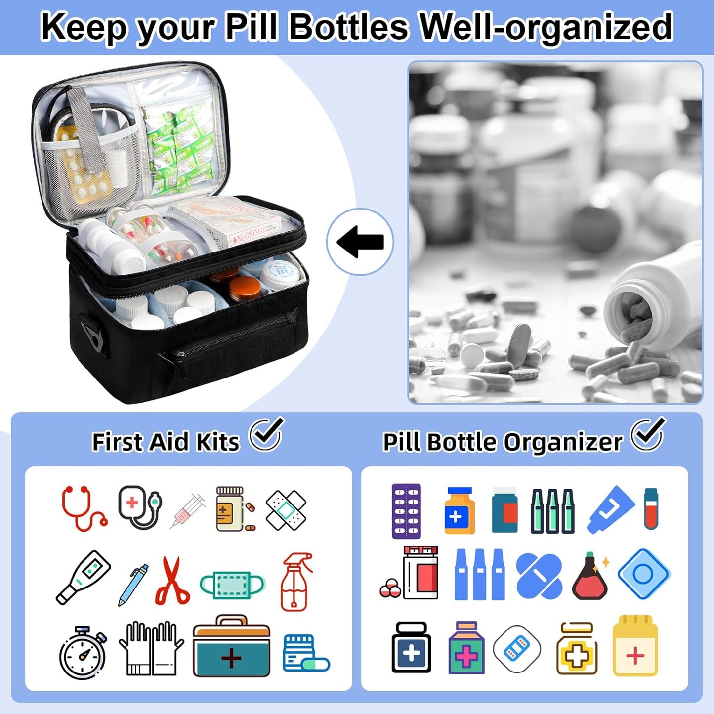 Medicine Bag for Traveling with Portable Small Pouch, Double Layer Pill Bottle Organizer Storage Case with Lockable Zippers, Carrying Medication Travel Case with Shoulder Strap (BAG ONLY) Black