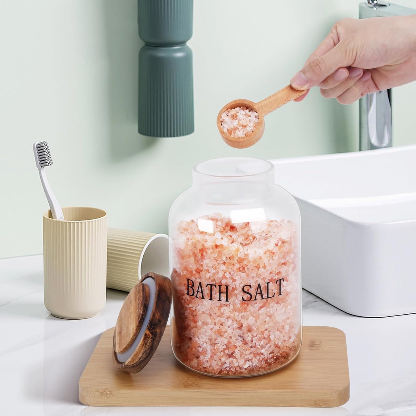 2Pcs 74 oz Glass Bath Salts Jar,Bath Salt Container with Wooden Lid and Scoop,Bathroom Organizers and Storage,for Bathroom Bath Decor,Home Decor,Bathtub Accessories for Women