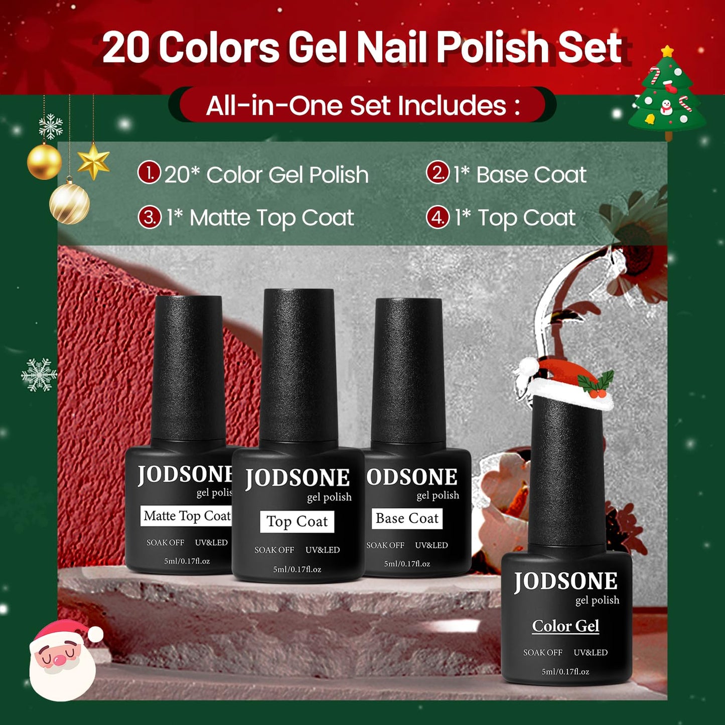 JODSONE Gel Nail Set 20+3 Colors High Shine Gorgeous Gel Polish Base Top Matte Coat Nice Gifts Show Charm