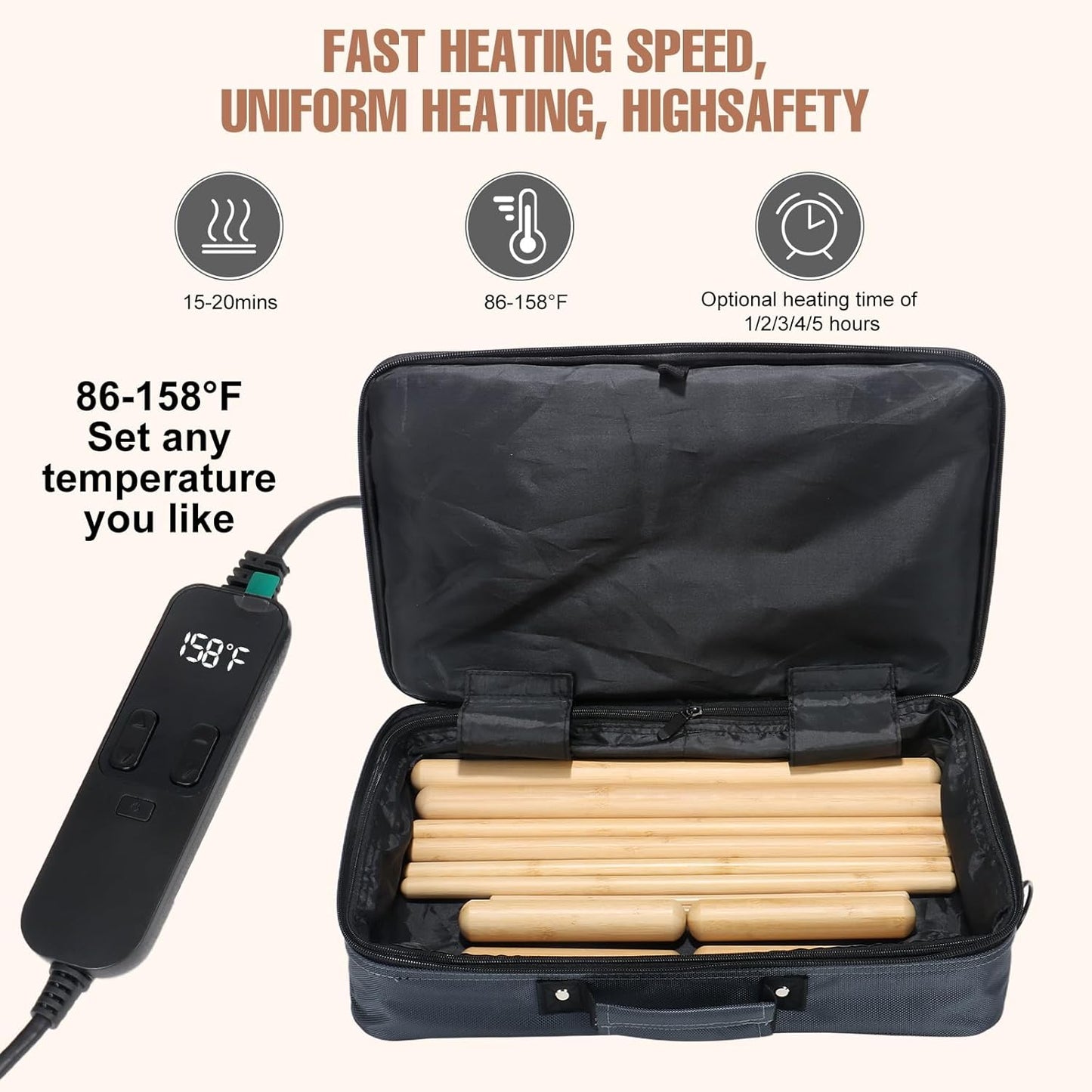 Hot Bamboo Massage Sticks Warmer Kit,12pcs Solid Bamboo Sticks for SPA,Portable Stone Massage Heater with Temperature Control/Heating Time for Home/Travel Spa Warming Therapy Relaxing