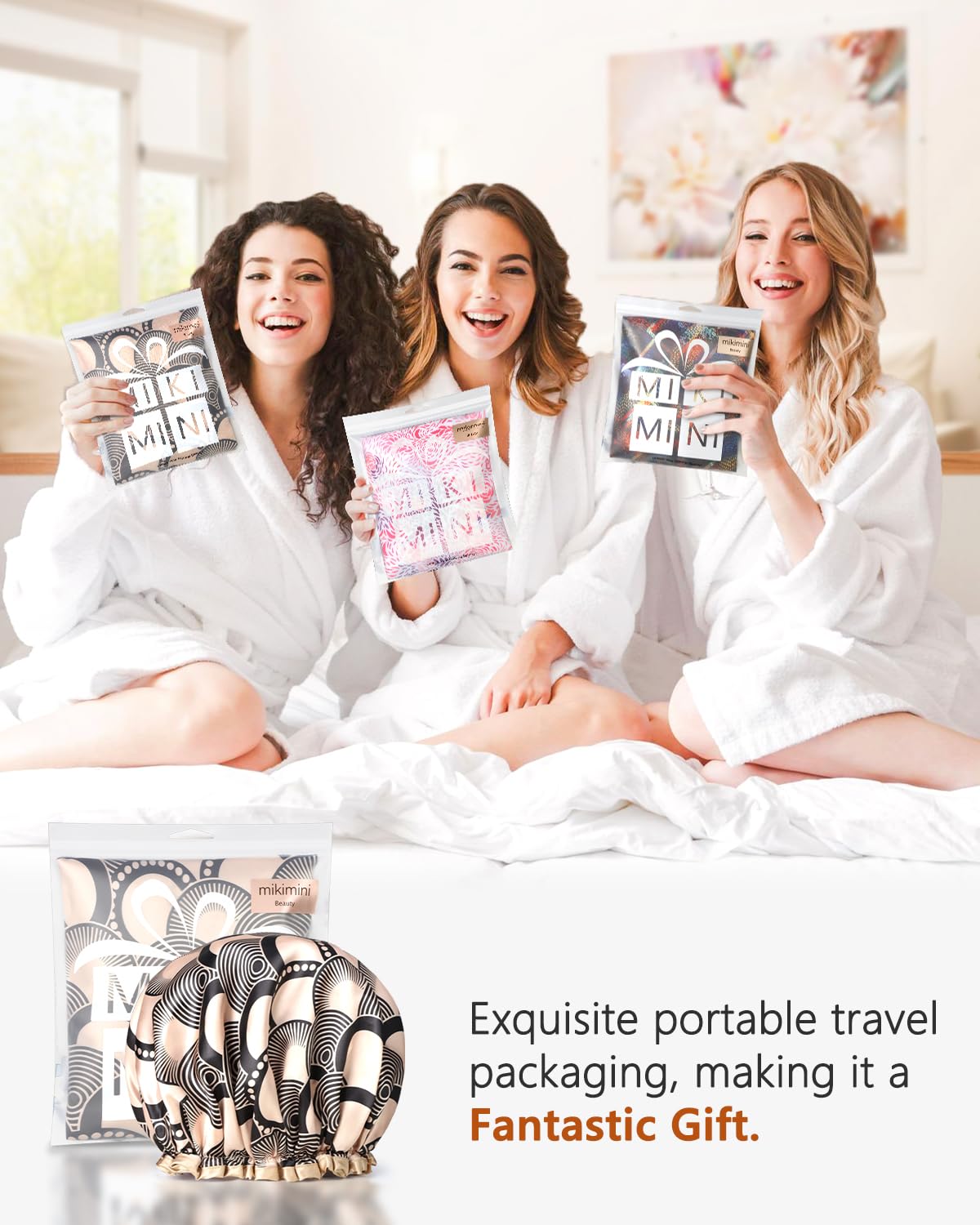 mikimini Medium Shower cap for Women and Girls,Champagne Shower Caps with Lace, Pack of 2,Double Layer Waterproof, Reusable, Washable, High-quality