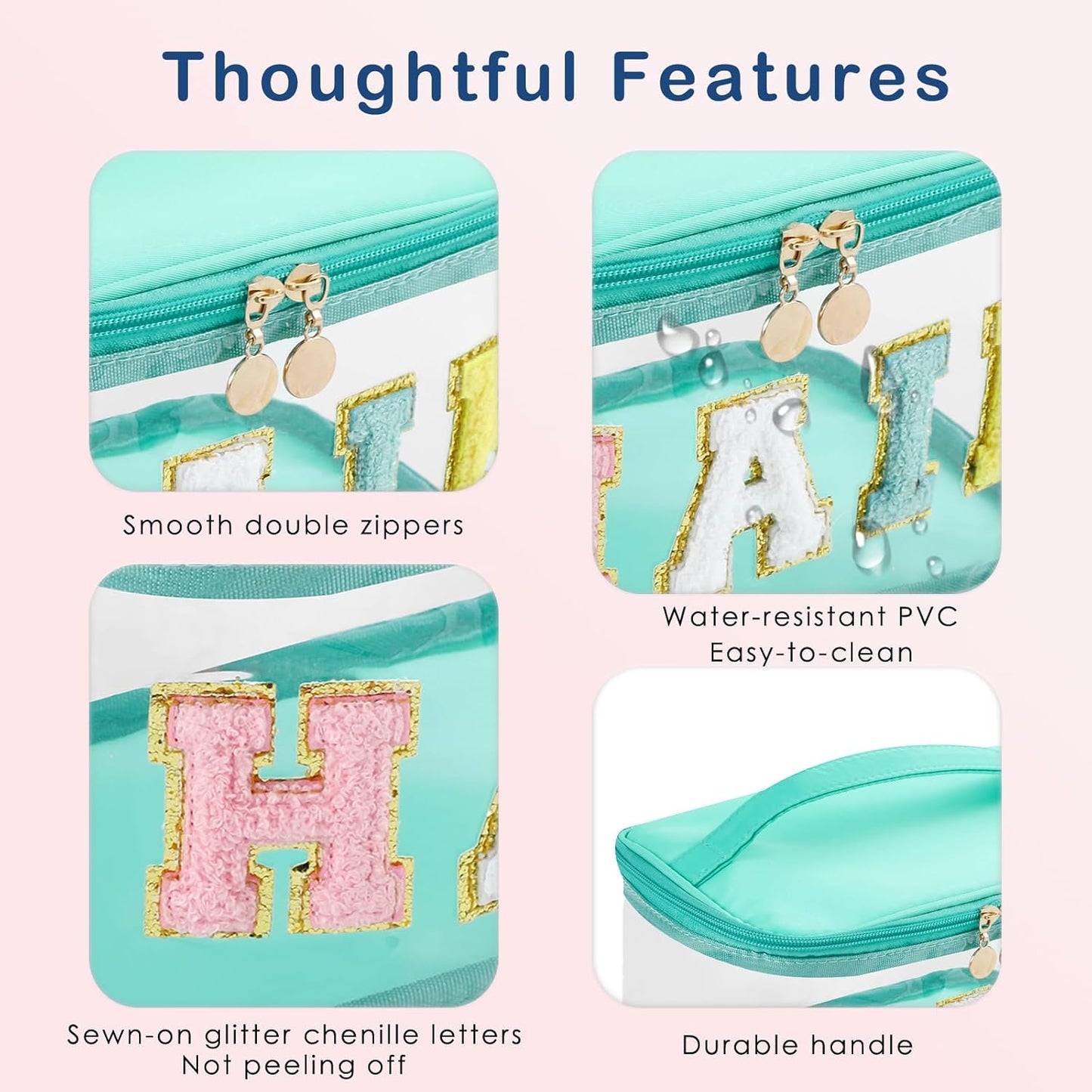 Personalized Chenille Letter Clear Hair Makeup Bag, Large Size Waterproof Nylon Cosmetic Toiletry Storage bag with Top Handle, Transparent Meds Hair Travel Organizer Cosmetic Bag(05Hair-Green)