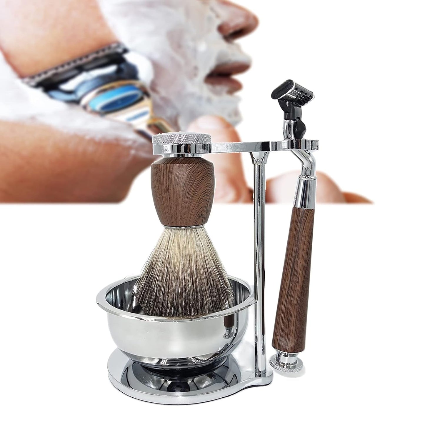 Deluxe Men Shaving Kit Includes Pure Badger Hair Shaving Brush and Bowl Kit,Compatible with Mach 3 Triple Blade 3-Layer Intimate Razor,Clean Shave Birthday Christmas Original Shaving Set
