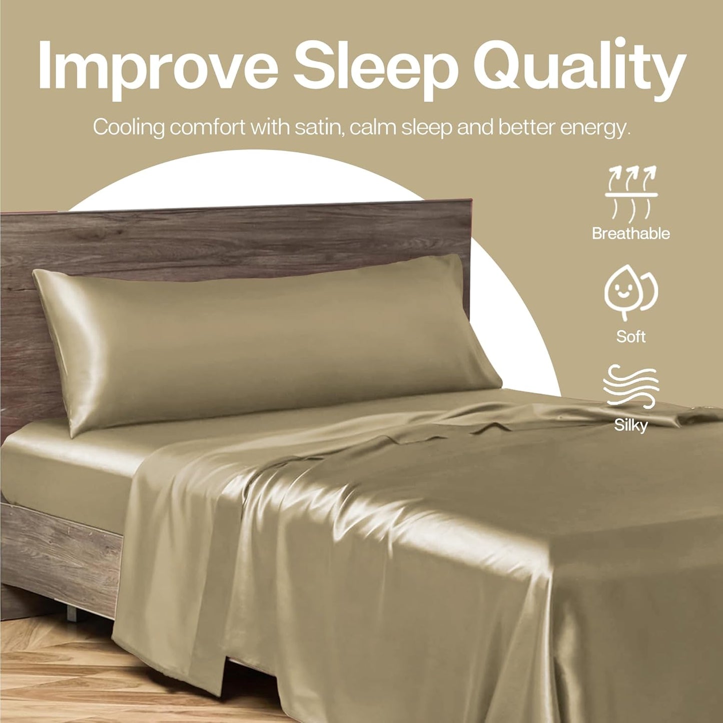 MR&HM Satin Body Pillow Cover, Soft and Breathable Body Pillow Case with Envelope Closure, Cooling and Silky Long Pillowcase for Hair and Skin,Grey (20x54, Taupe)