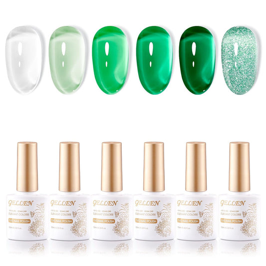 GELLEN Green Jelly Gel Nail Polish, Sheer Emerald Jade Glass Ice UV Light Gel Polish, Transparent, No Wipe, Soak Off, for Women Girls Manicure Salon Home