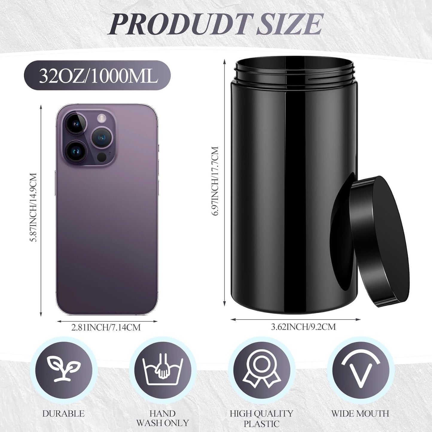 SATINIOR 12 Pack 32 oz Plastic Container Jars with Lids Round Clear Travel Cosmetic Container Slime Jar for Toiletries, Lotion, Cream, Ointment, Makeup, Rhinestone, Sample, Kitchen Storage(Pure Black)