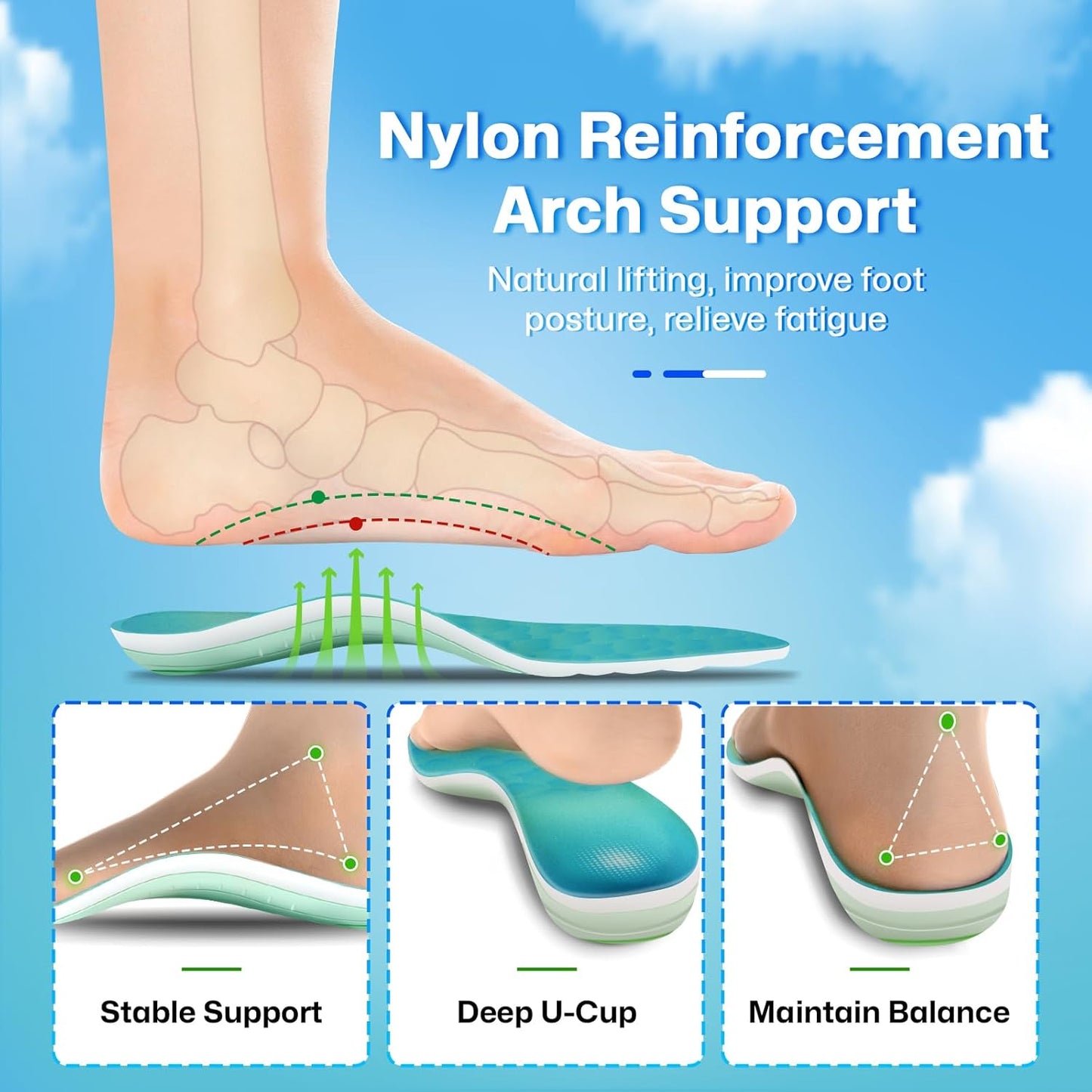 Supercritical Foaming Arch Support Inserts for Men Women, Lightweight Running Sport Insoles, Shock Absorption Athletic Inserts, Plantar Fasciitis Insoles, Relief Flat Feet, Standing All Day - XL