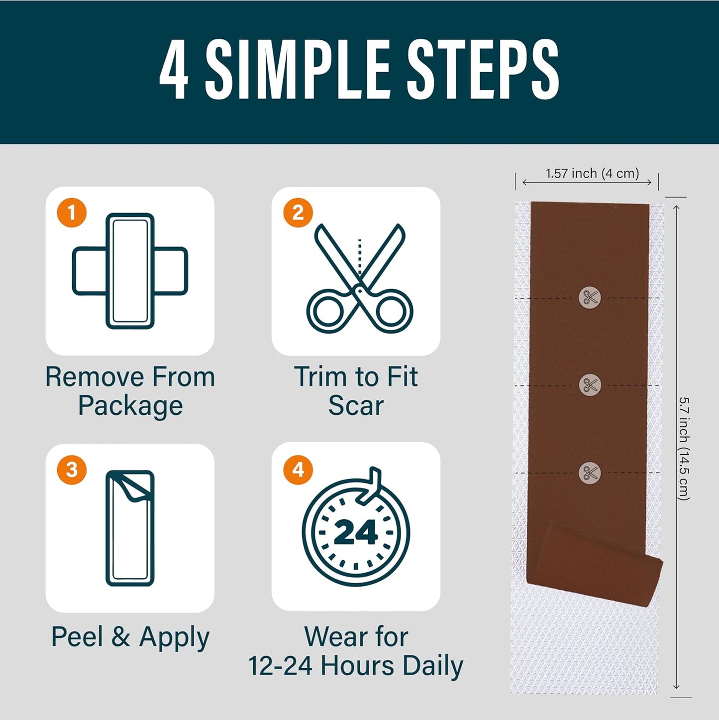 NUVADERMIS Silicone Scar Sheets – Extra Long Medical-Grade Scar Sheets for C-Section, Tummy Tuck, Keloid, and Surgical Scars – Reusable and Effective – Pack of 4 – Dark Tone