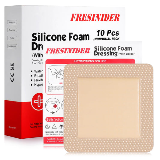 FRESINIDER Silicone Foam Dressing with Adhesive Border – Wound Dressing Bandage – Silicone Foam Pad – Pack of 10 – 5 x 5 Inches Large Waterproof Bandages – Self Adhesive Wound Care and Dressings