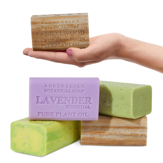 Australian Botanical Soap Essential Medley Eucalyptus Sandalwood Lavender and Tea Tree 6.6 oz Luxury Soap Bars Enriched with Shea Butter, Assorted Pack of 4
