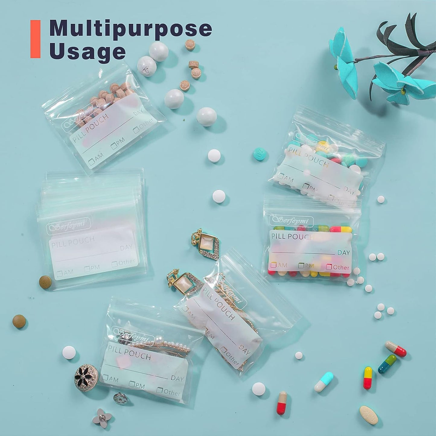 Serfeymi Pill Bags for Travel Pill Pouch Organizer Pack of 240 BPA Free 3 x 2.75 inch Reusable Pill Pouches for Medicine with Write on Label & Zipper Seal Waterproof AM PM Pill Baggies for Supplements