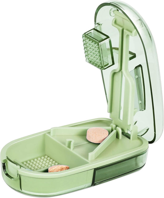 Pill Cutter Splitter for Small and Tiny Pills, or Large Pills. V-Shaped Design for Multiple Sizes. Safety Blade Guard. Loss-Proof Built-in Small Brush & Sliding Door Pill Storage (Olive)