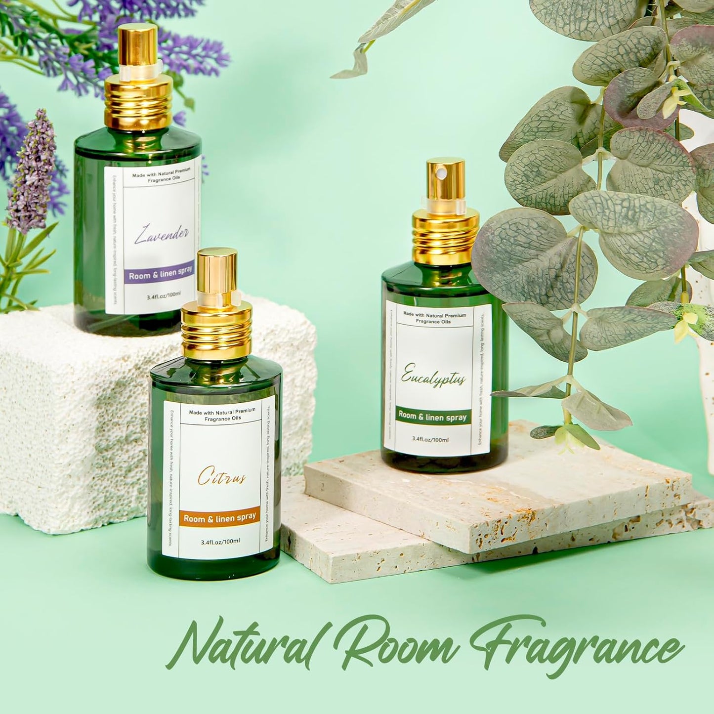 Room Spray Odor Eliminator 3 Pack, Natural Essential Oil Air Freshener Spray for Home Bathroom and Kitchen, Lavender, Citrus, Eucalyptus