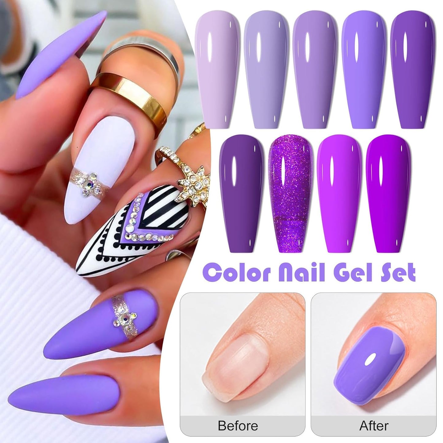 MEET ACROSS 9 Colors Gel Nail Polish + 3PCS Function Gel Nail Polish Kit,Fashion Nail Art Set Design Gifts for Women Manicure Salon (SET10, 12pcs)