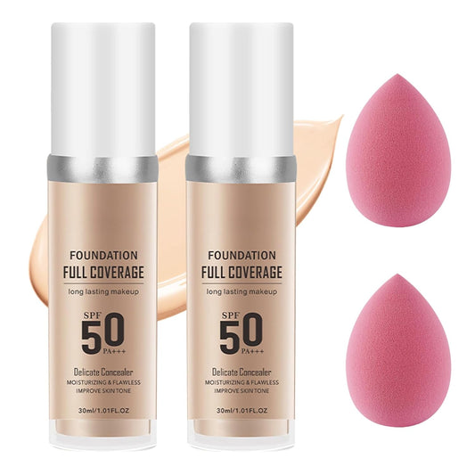 2PCS Natural Color Foundation Makeup Set with 2 Makeup Sponges,Moisturizing Full Coverage Liquid Foundation for Women,Non-greasy Long Lasting Flawless Concealer Cream Makeup Foundation Set