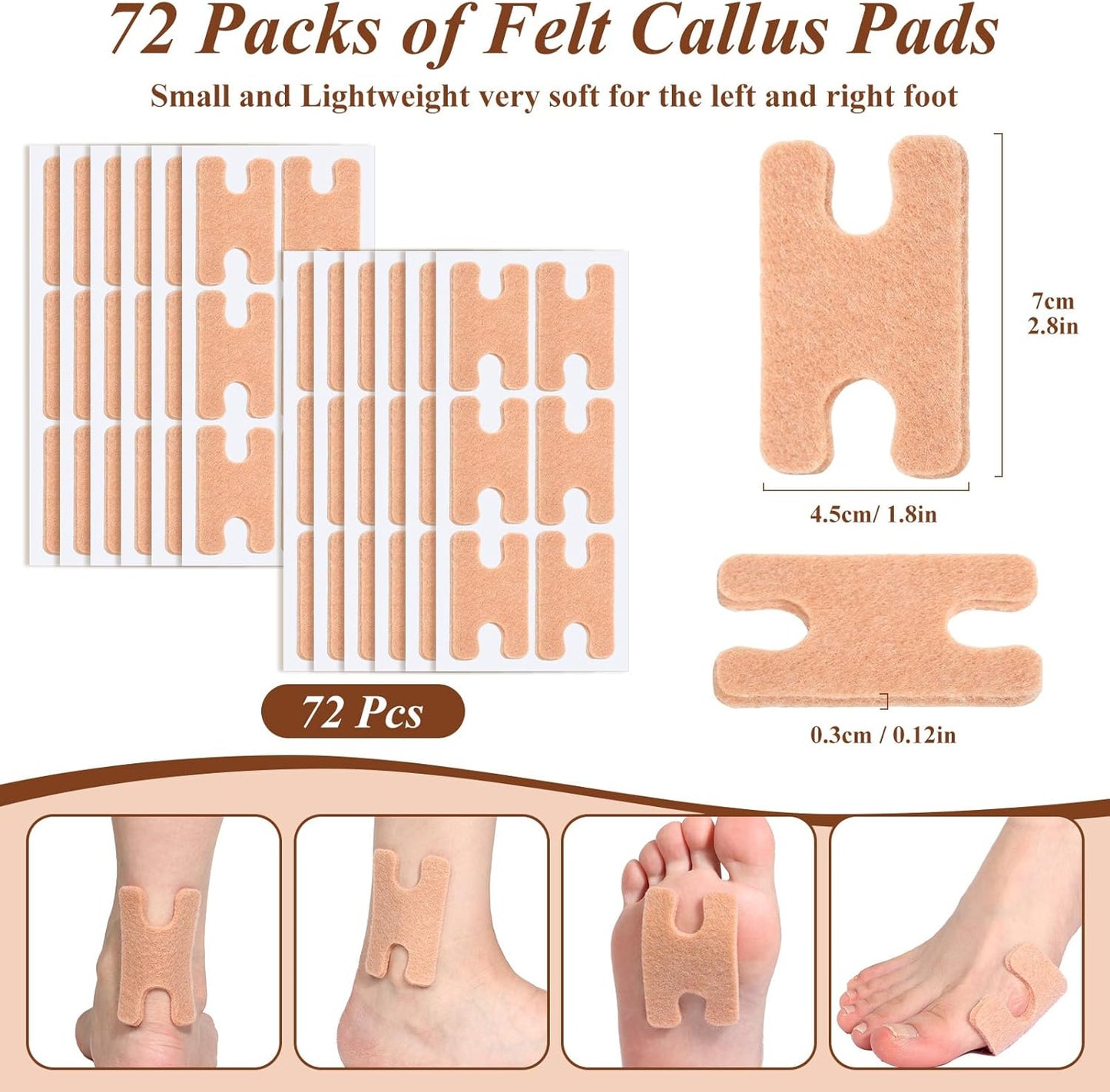 72Pcs H-Shape Callus Cushions Felt Corn Pads for Feet Self Stick Metatarsal Pads Foot Cushions for Pain Relief Callus Pads Keep Protecting Calluses from Rubbing on Shoes for Women Men Heel Pads