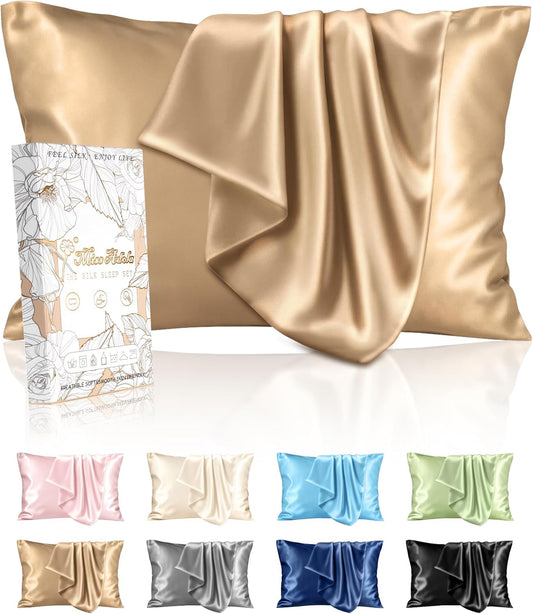 Silk Pillowcase 2 Pack - Pillow Cases King Set of 2 Size 20" x 36" for Hair and Skin Smooth Soft Breathable with Hidden Zipper Cooling Pillow Covers for Women, Champagne