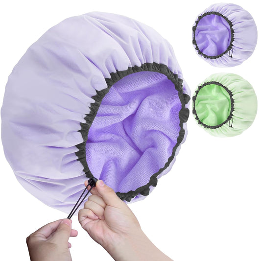 2 Pcs 13.5" Dual Waterproof Design Adjustable Terry Shower Cap for Women and Men, EVA Double Layer Bath Cap Reusable for Braids, Long Hair, Dreadlocks
