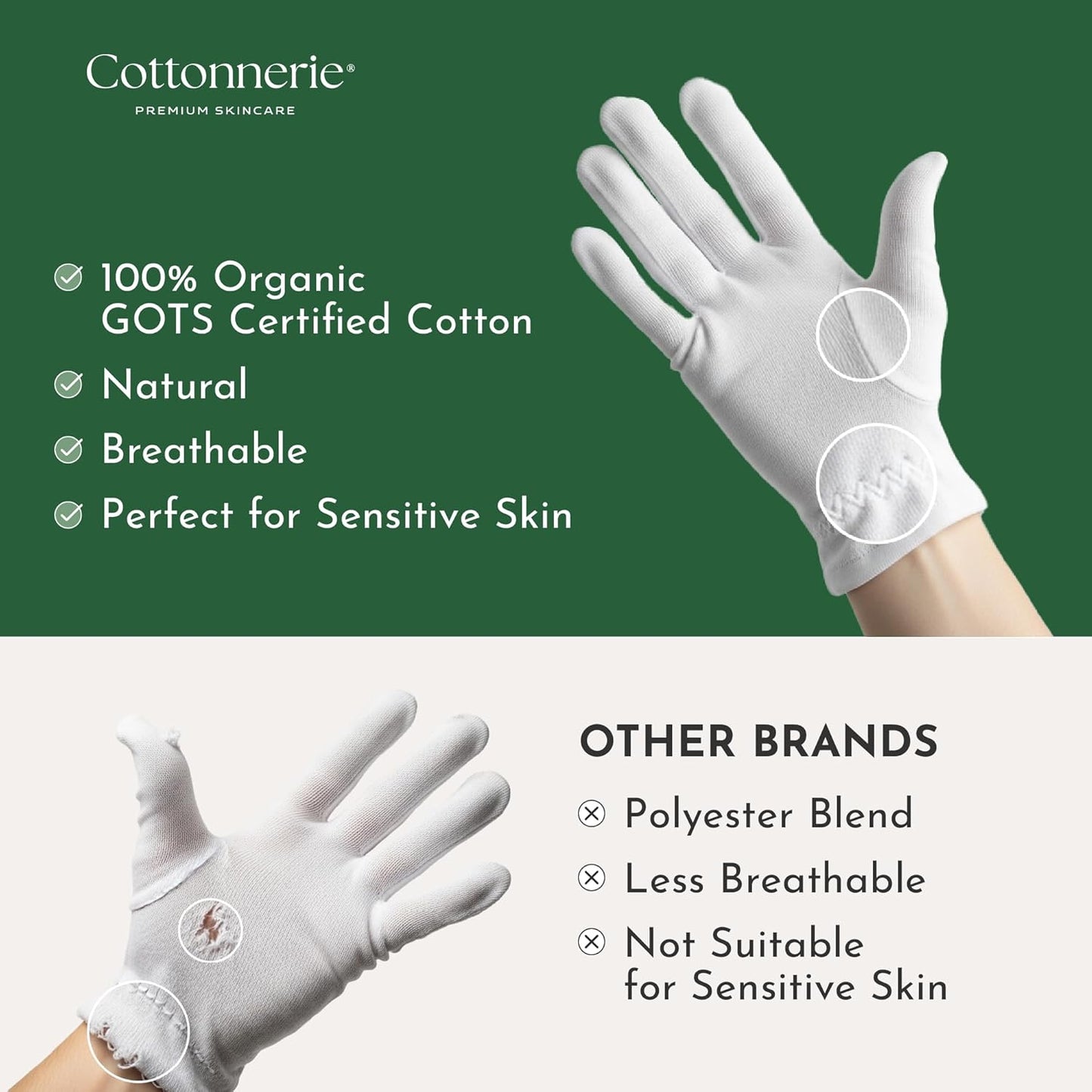 Cottonnerie Organic Cotton Gloves for Dry Hands Sleeping, Moisturizing Gloves Overnight, Hand Moisturizer Gloves, Moisture Gloves for Dry Hands Overnight, Sleeping Gloves, Large 4 Pairs