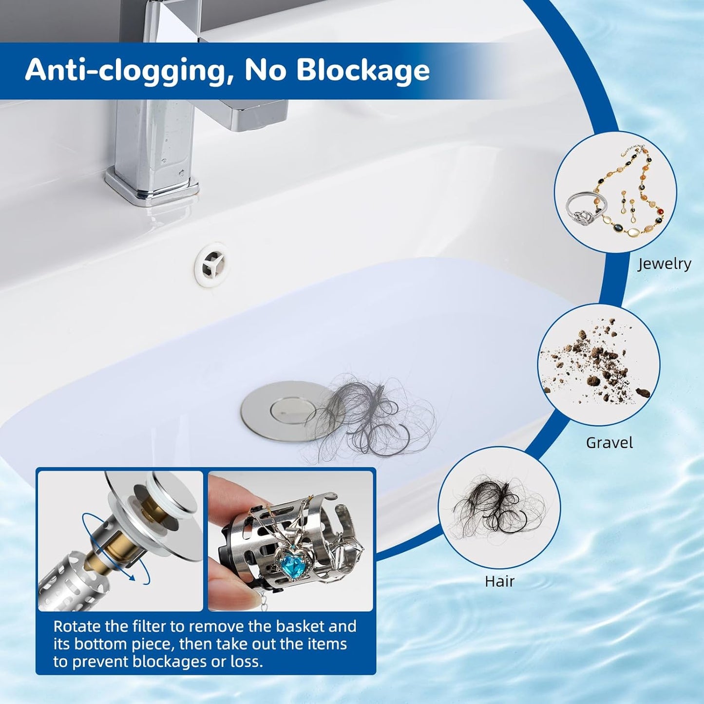 Hibbent 2 Pack 3 in 1 Bathroom Sink Drain Strainer, Universal Pop Up Stopper with Removable Stainless Steel Filter Basket Hair Catcher, Sink Plug for 1.1''~2.36'' Basin, Brass Bullet Core, Chrome