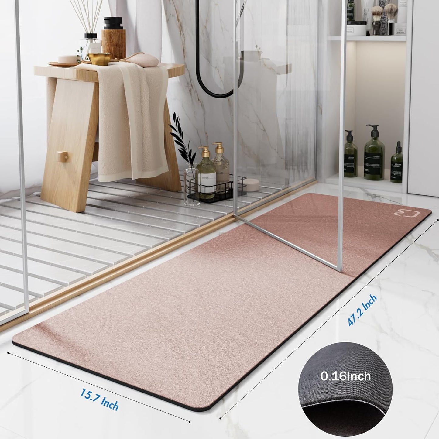 Blush Pink Diatomaceous Earth Bath Mat 15.7"x47.2" Extra Long Bathroom Mat Large Fast Dry Super Absorbent Non-Slip Rubber Backed Shower Mat Bath Rugs Mats for Bathroom Floor, Tub, Shower, Sink