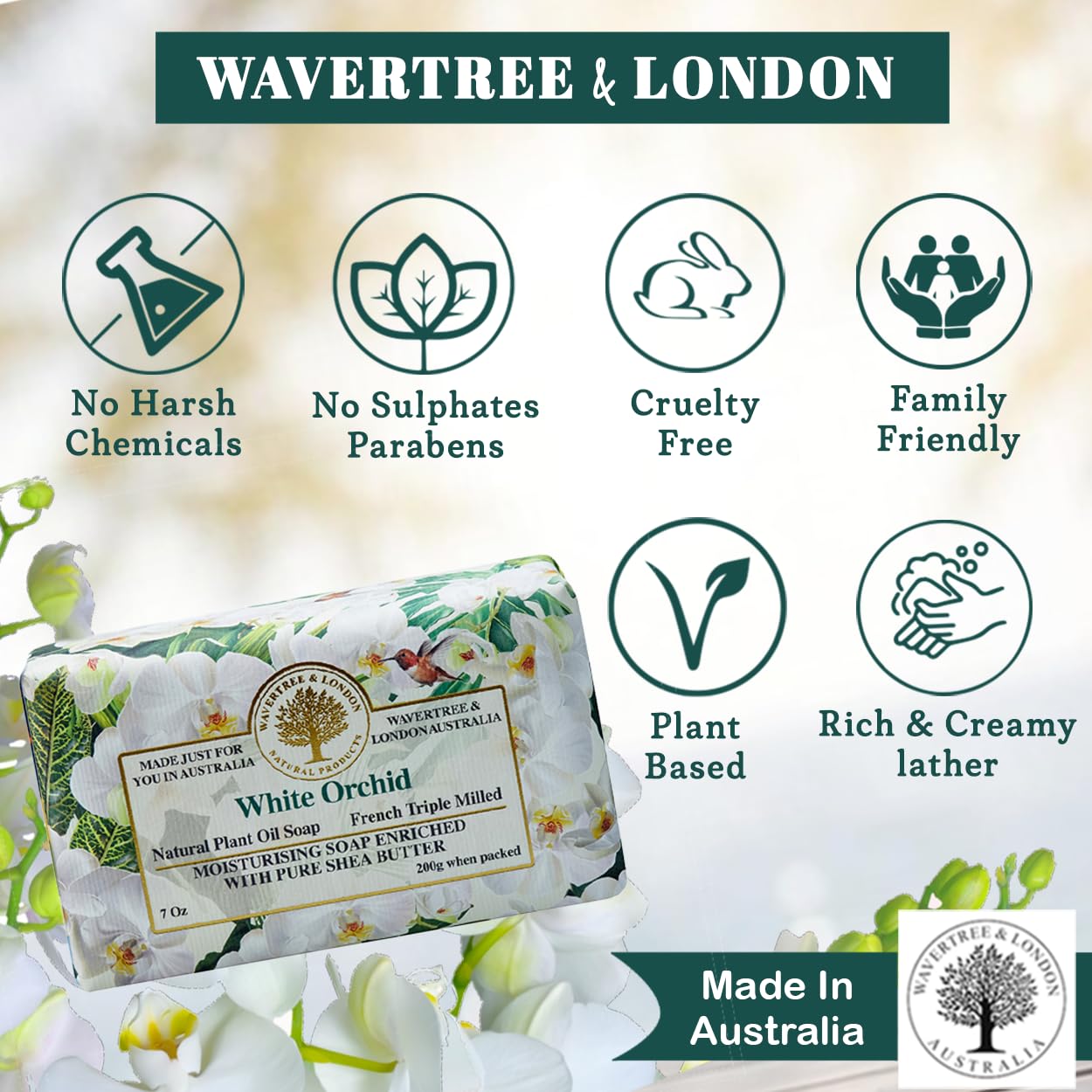Wavertree & London White Orchid Scented Natural Soap (8 Bars), 7oz Moisturizing French Triple Milled Soap Bars enriched with shea butter - Pure Plant Oil Bath & Body Bars for All Skin Types