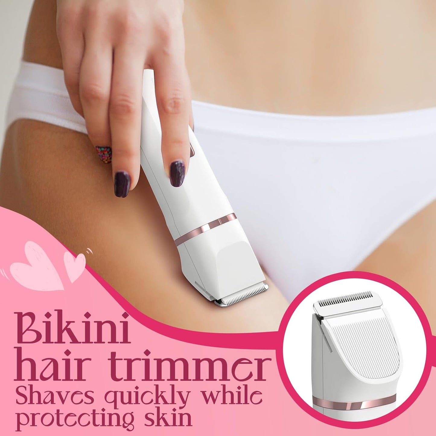 Pubic Hair Trimmer Women - 2-in-1 Electric Bikini Shaver & Facial Hair Remover, Waterproof Body Groomer with Ceramic Blades, USB-C Fast Charging Dock, Cordless Razor for Women's Sensitive Skin (White)