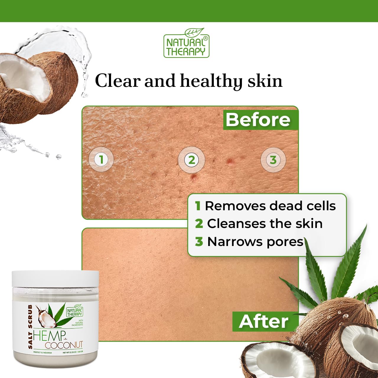 Natural Therapy Hemp & Coconut Salt Scrub – Exfoliating Body Scrub for Women – Moisturizing and Nourishing Skin – with Pure Oils and Dead Sea Minerals (23.28 Oz)