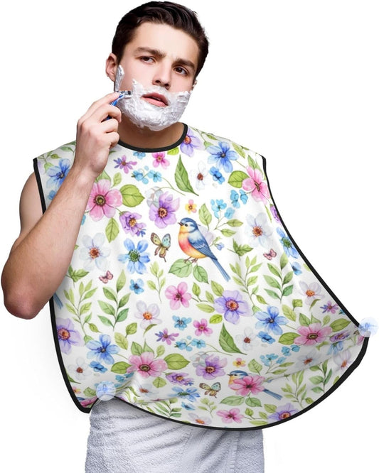 Non-Stick Beard Bib for Shaving, Watercolor Floral Vintage Flowers and Birds Butterflies Peony Flower Shave Bib, Waterproof Hair Catcher with Suction Cups, Grooming Apron Men Husband