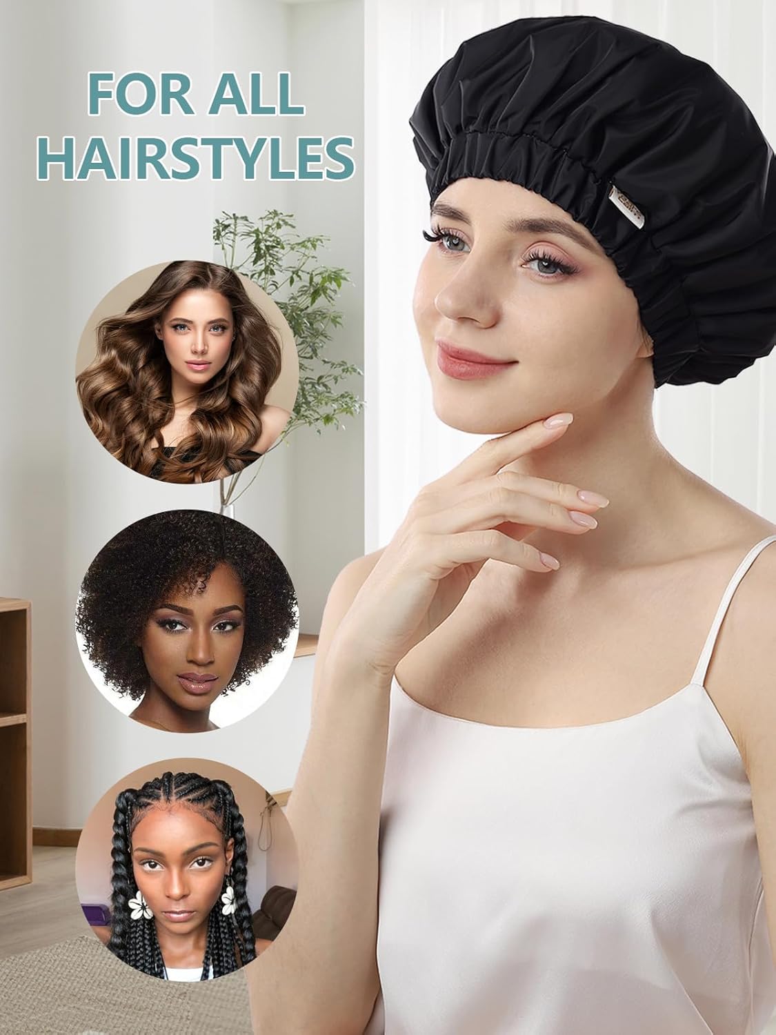 Years calm Reusable Waterproof Shower Caps for Women, Hair Caps for Showers, Double-Layer Elastic Design, for All Hairstyles, Travel-Friendly (black)