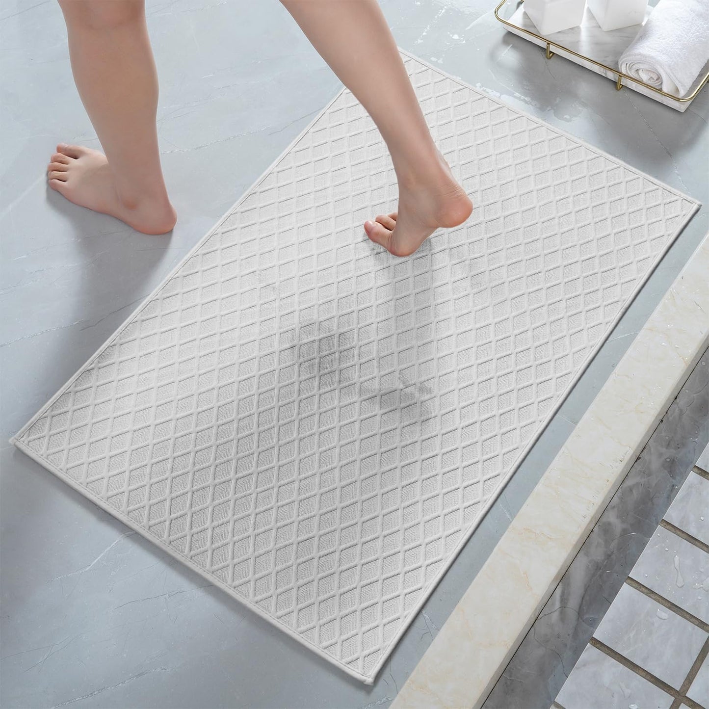 AMOAMI Ultra Thin Bathroom Rugs, Rubber Backed Bath Mats for Bathroom Non Slip, Absorbent Bathroom Mat for Floor, Shower, Sink (17"x28", White)