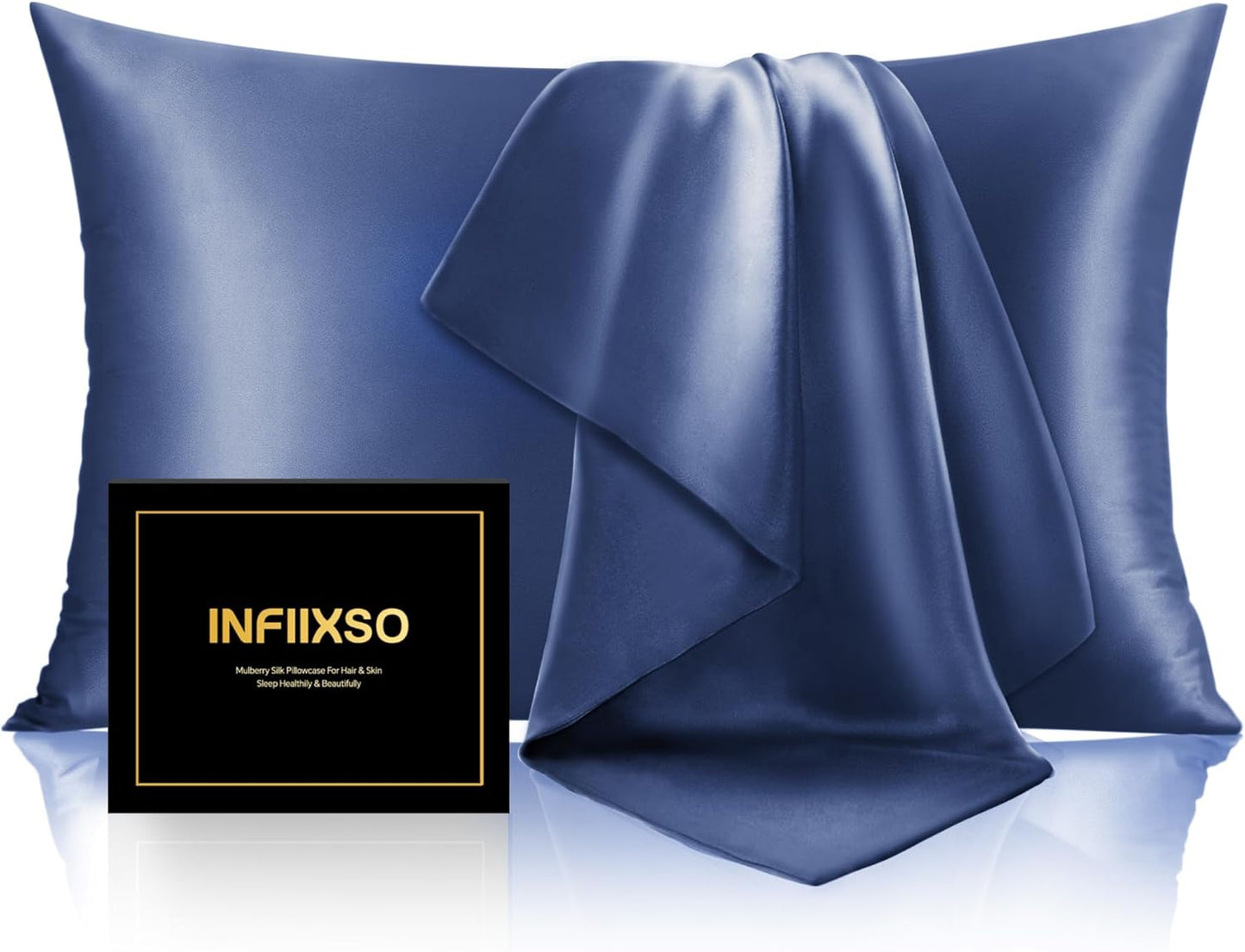 INFIIXSO Mulberry Silk Pillowcase for Hair and Skin, Silk Pillow Cases Standard Size with Hidden Zipper 20x26 Inches, Extraordinary Smooth and Soft Cooling Pillow Cases for Hot Sleepers(Navy, 1 Pack)