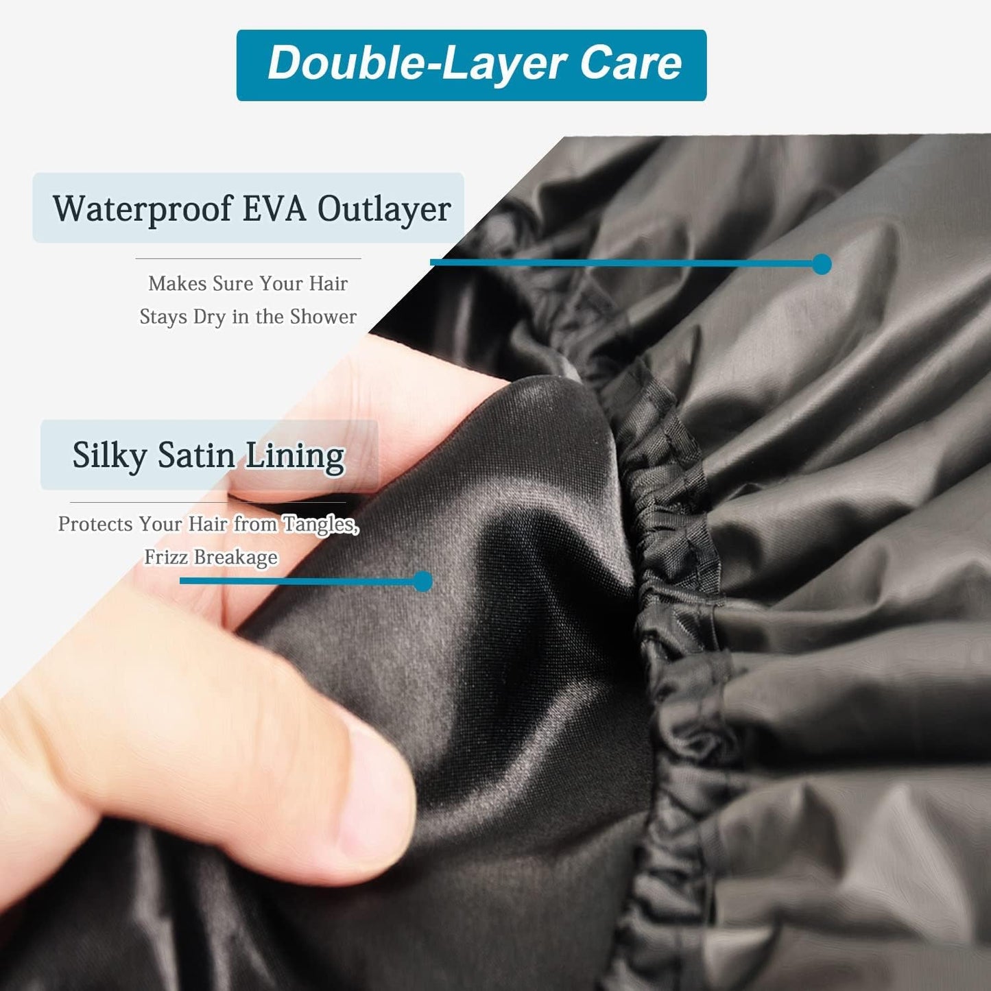 3 Pcs Super Jumbo Adjustable Satin Lined Shower Caps for Long Hair & Braids, Extra Large Shower Cap for Women & Men, Reusable XL with Waterproof Edge for Dreadlocks, Locs (Black)